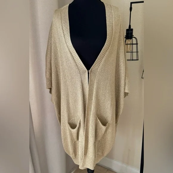 Lilly Pulitzer Gold Metallic Open Cardigan Pockets Lightweight Size M - Picture 2 of 10